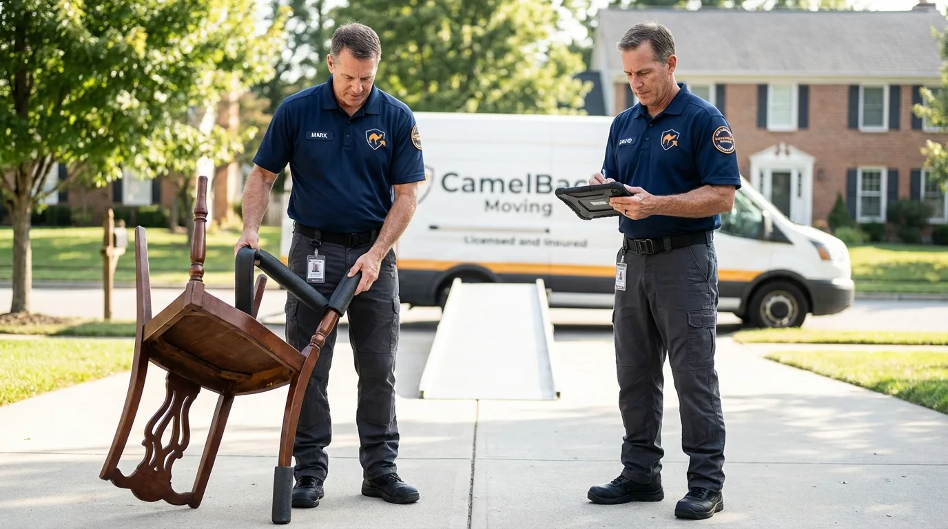 Movers inspecting furniture for damage prevention before loading in Brookwood, AL