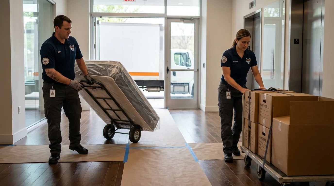 Professional apartment movers loading elevator in Brookwood, AL